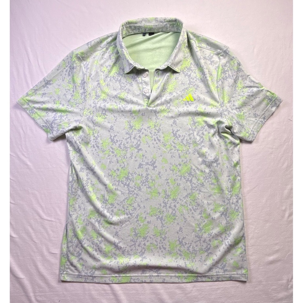 Adidas Mens Golf Polo Shirt Large Green Grey Digital Camo Short Sleeve-2662